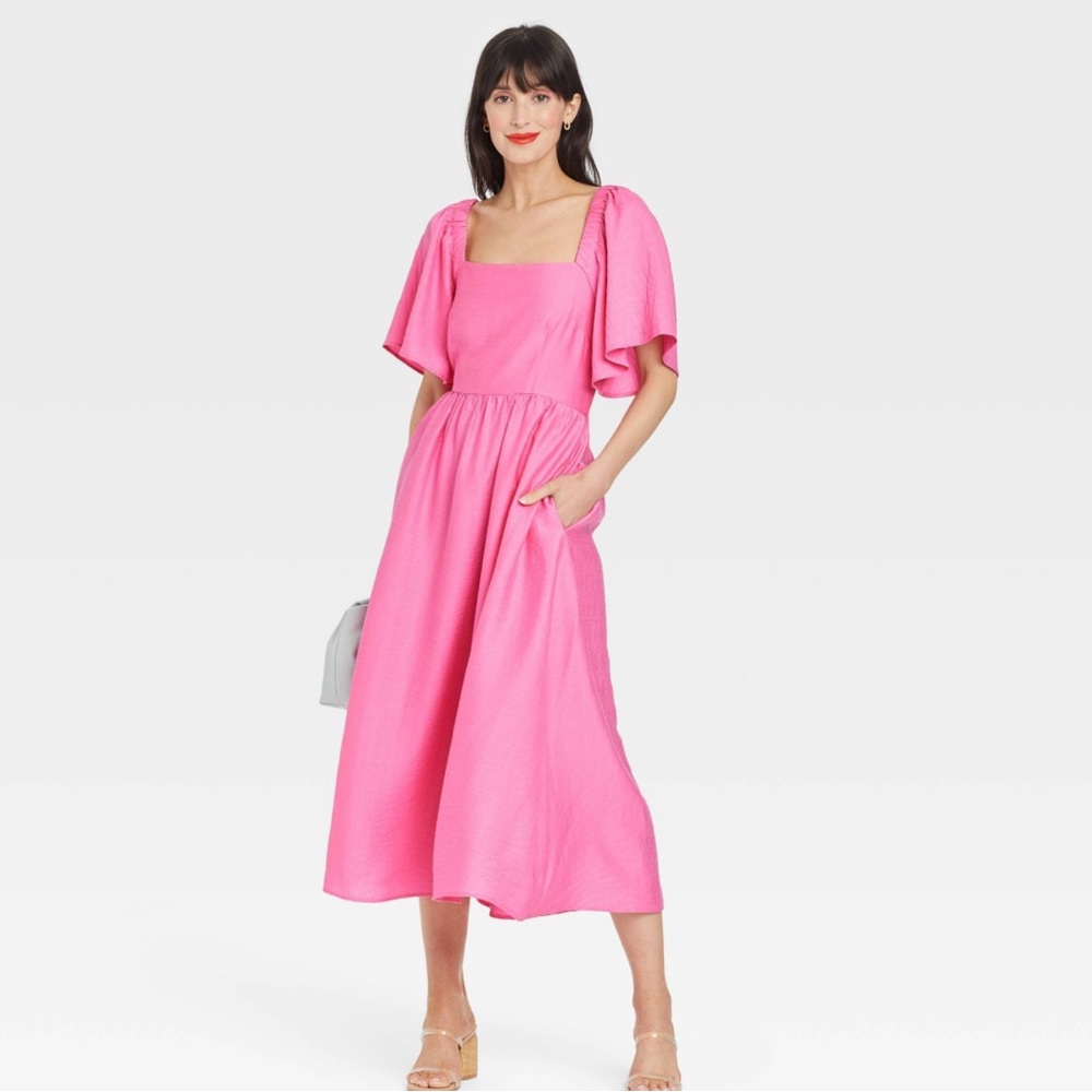 Lyocel Flutter Sleeve Square Neck Open Tie Back Pink Midi Dress Size XS NWT